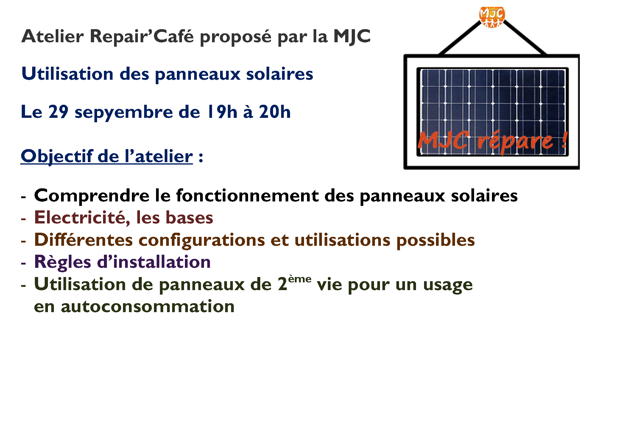 affiche avec renseignements atelier : Atelier Repair'Café - 29/09